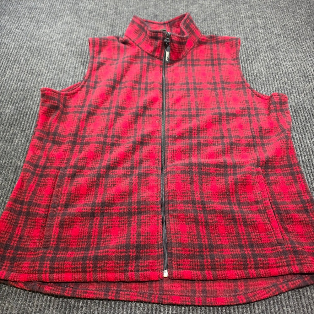 Woolrich Fleece Vest Womens 2XL‎ Red Black Excellent Plaid Full Zip Mock Neck